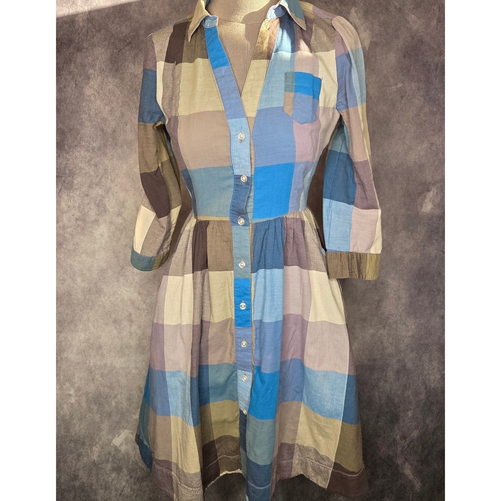 Moulinette Soeurs Plaid Dress Womens 4 Blue Multi Cotton Fit Flare Anthropologie